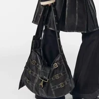 American Retro Punk Pu Leather Handbag Metal Button Shoulder Bags Tote Woman Bag Large Capacity Commuting Storage Bag Purse - Image 3