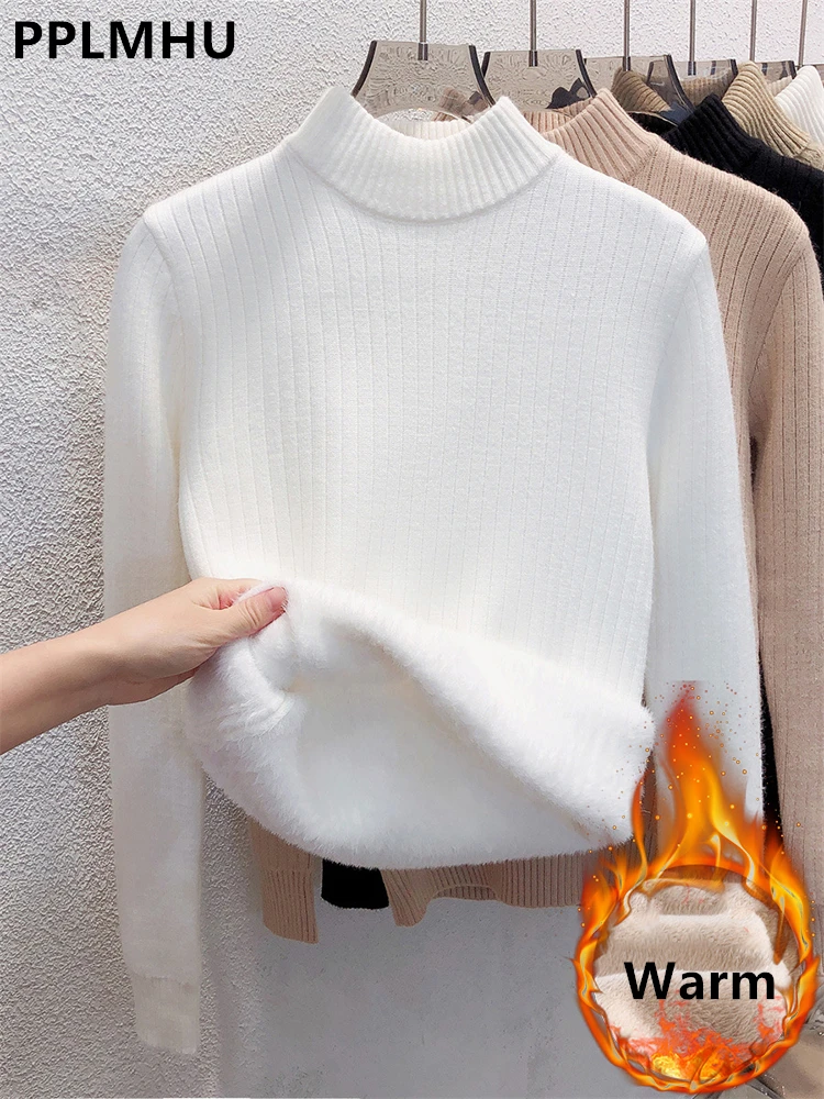 Sweater For Women Casual Thick Warm Knit Plush Velvet Lined Pullover Tops Fall Winter Soft Knitwear Jumper New Slim Poleras 3