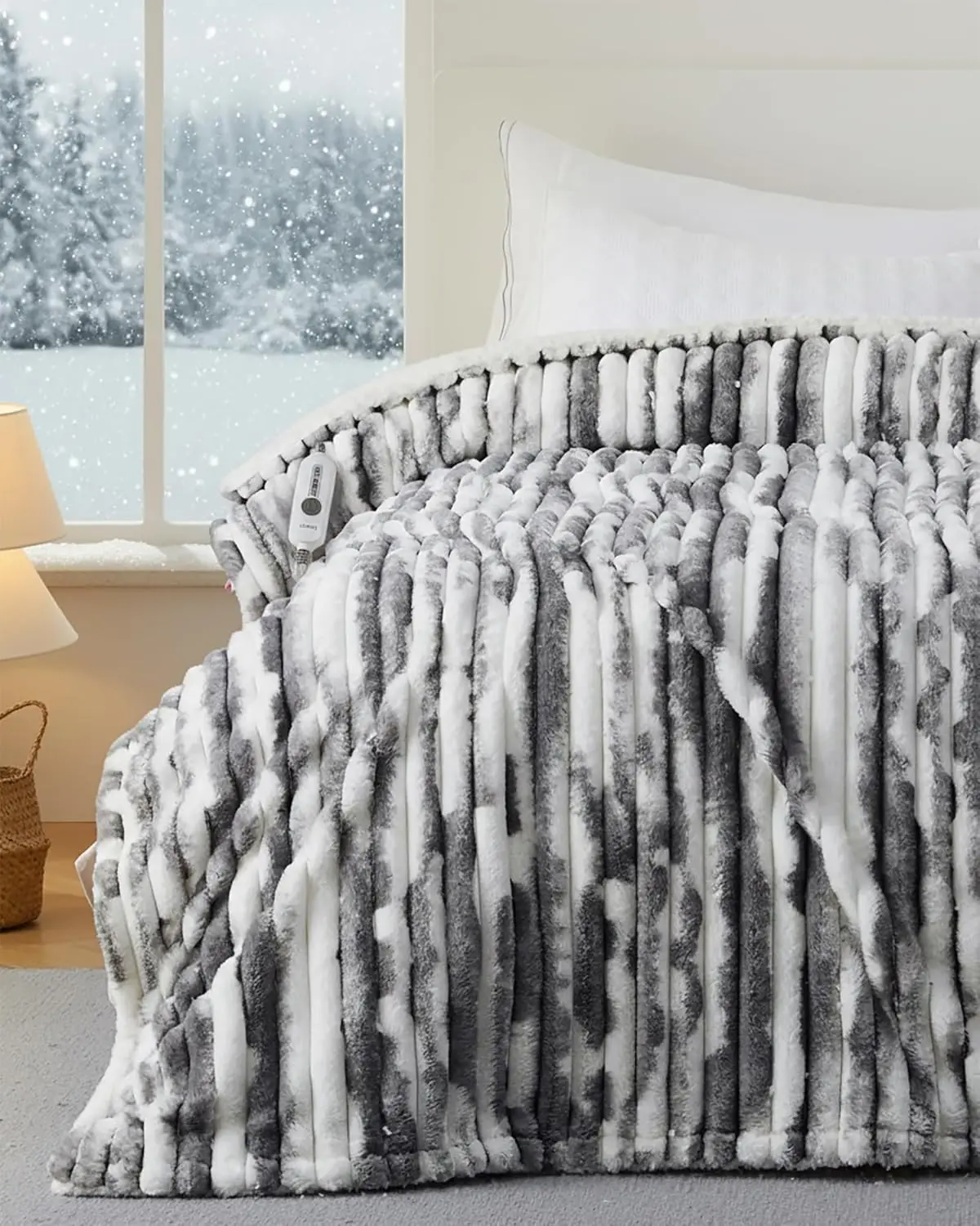 Queen Size Electric Heated Blanket with Faux Fur, 4 Heat Levels, Auto Off & Machine Washable in Gray