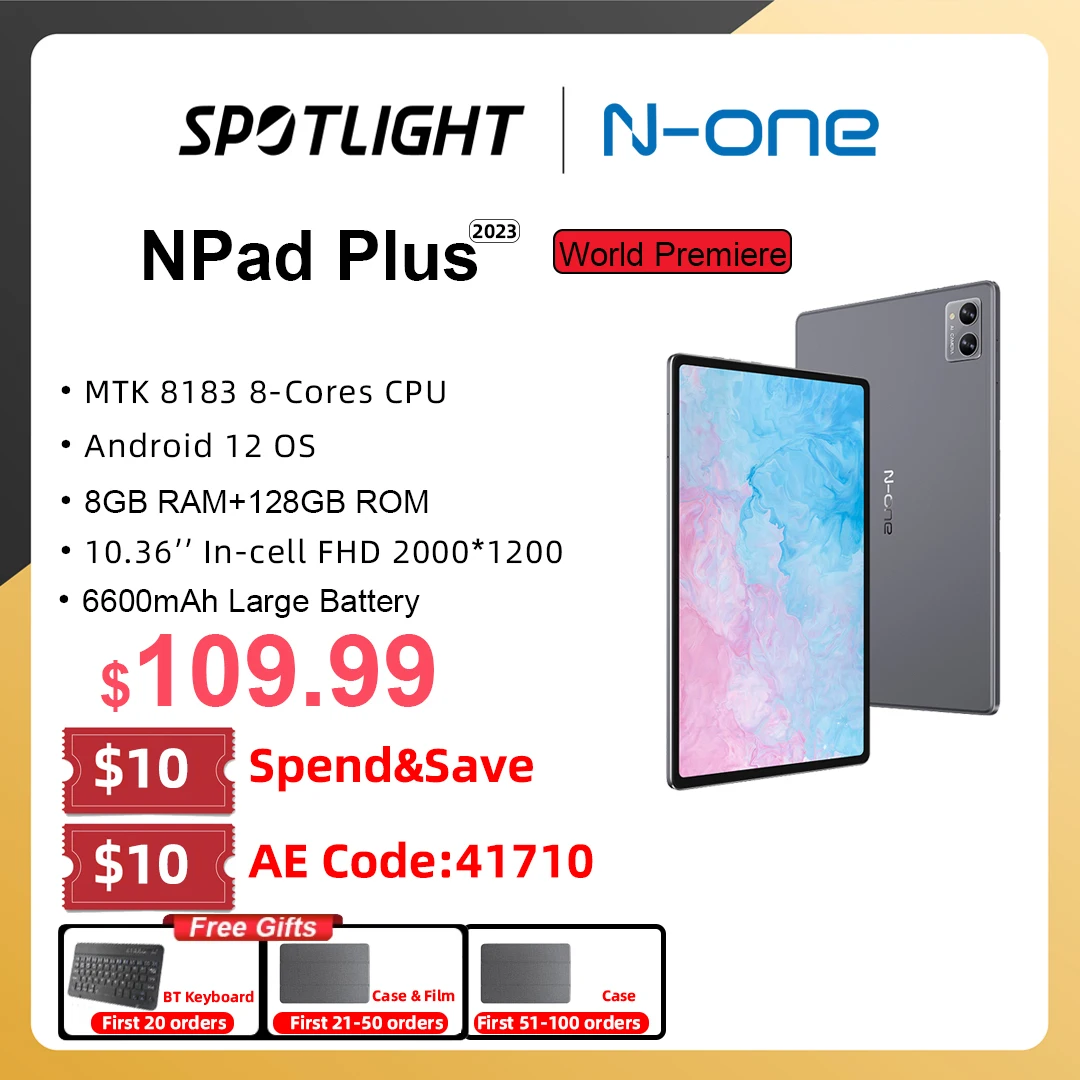  【World Premiere】N-one NPad Plus 2023 10.36'' Tablet 2000x1200 FHD 8-Cores Android 12 8GB RAM 128GB ROM 5+13MP HD Camera 6600mAh 