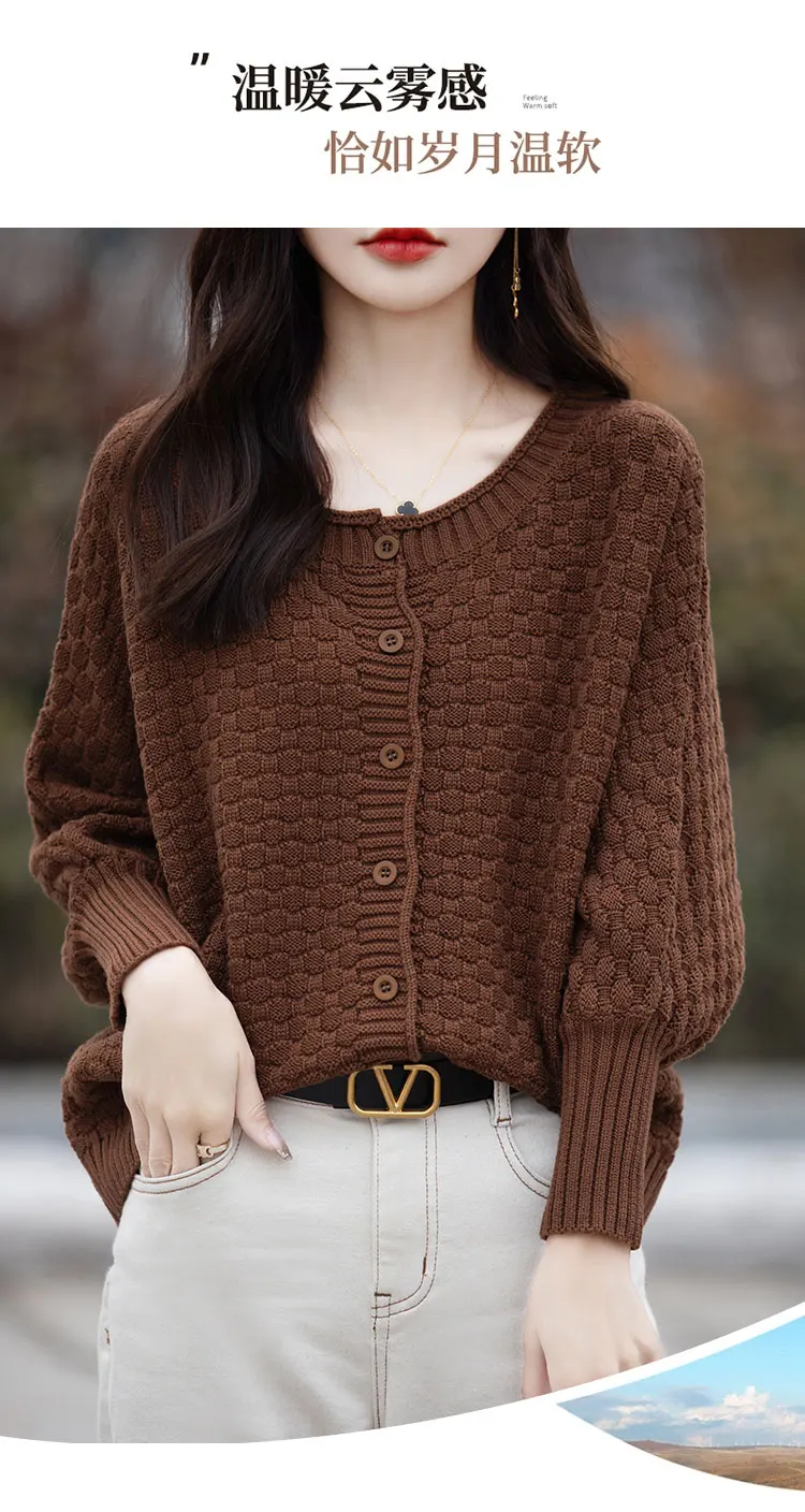 Women's 100% Cotton Sweater Round Collar Bat Sleeve Cardigan Autumn Winter Checkerboard Grid Warm Jacket Casual Knit Basic Tops