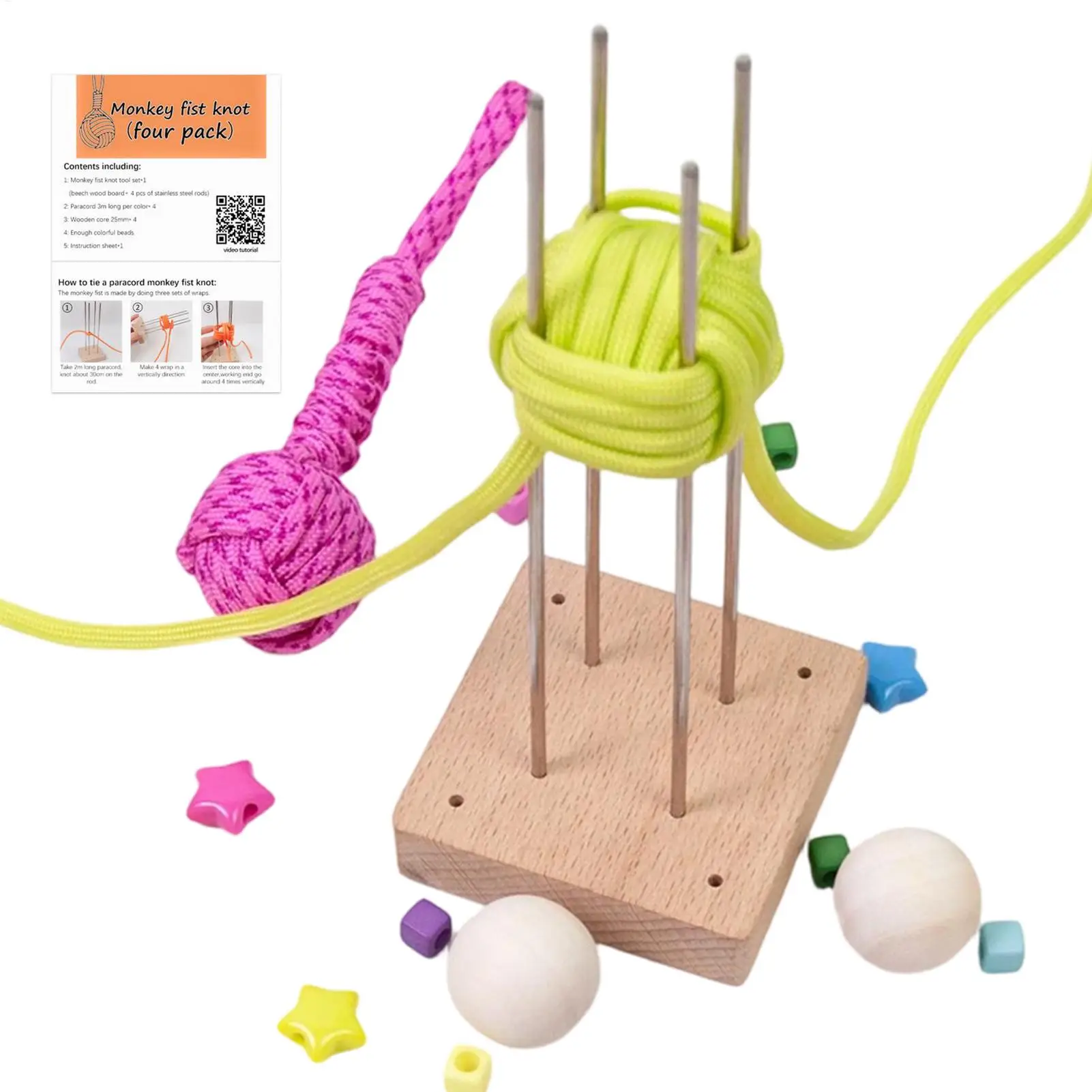 Affenfaust-Knotenwerkzeug mit Holzsockel, Paracord-Bastelwerkzeug mit Seil für Schlüsselanhänger, Rucksack-Deko, DIY Camping-Überlebensausrüstung, Geschenk – Detail 2