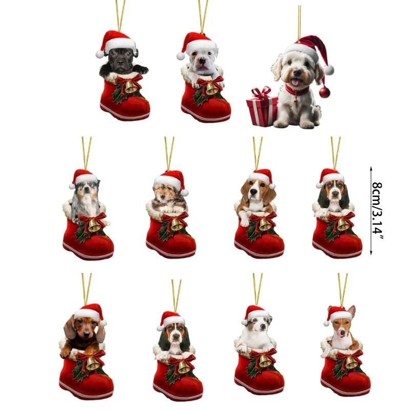 Festive Dog Sock Christmas Tree Pendant Decor Hanging Decoration Handmade Acrylic Ornaments Holiday Home Party