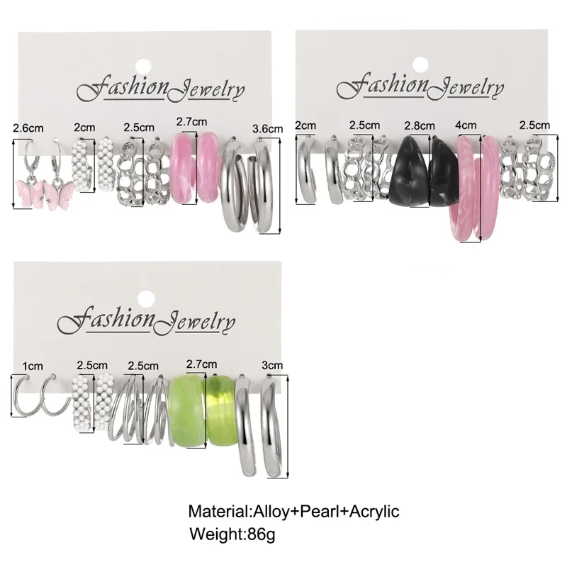 Fashion Colorful Resin Earrings Set Pearl Hoop Metal Earrings Silver Color For Women Circle Earring Set Party Jewelry