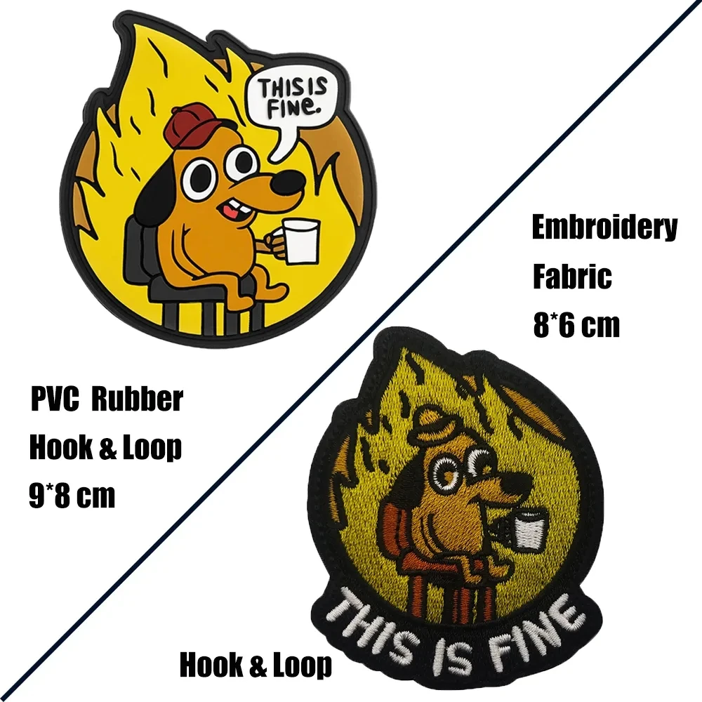 THIS IS FINE Patch Badge Funny Cartoon Creative Animal Dog Cat Coffee Cup Embroidered Patches on Clothes Stickers Custom Parches