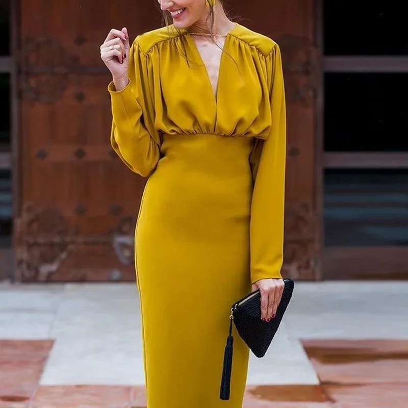 

Women Spring Long Sleeves Keen Length Dress V Neck Straight Winter Female Fashion Yellow Over Hip Korean Formal Party Dresses