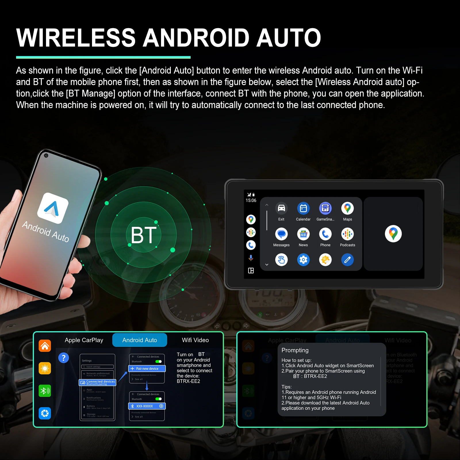 Podofo 5.5'' Motorcycle Monitor DVR Portable Navigator Wireless Carplay Android Auto Drive Recorder WIFI Waterproof,motorcycle smart player,monitor display