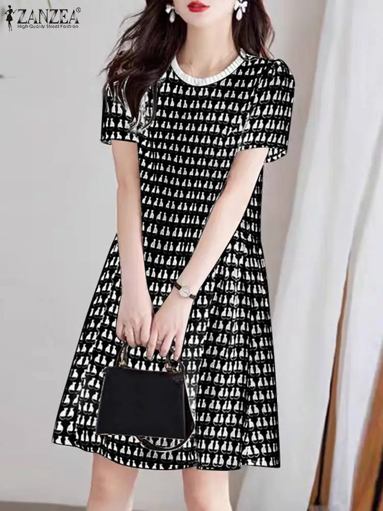 

2024 ZANZEA Summer Dress Women Bohemian Printed Mini Sundress Round Neck Short Sleeve Beach Vestidos Casual Loose A-Line Robe
