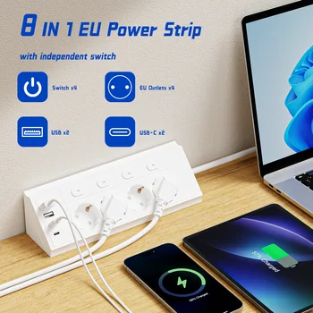 8-in-1 EU 4-switch power strip, 1.5-meter extension power strip, 4 AC sockets, 2 USB 2 Type-C ports, corner power strip, indepen 1