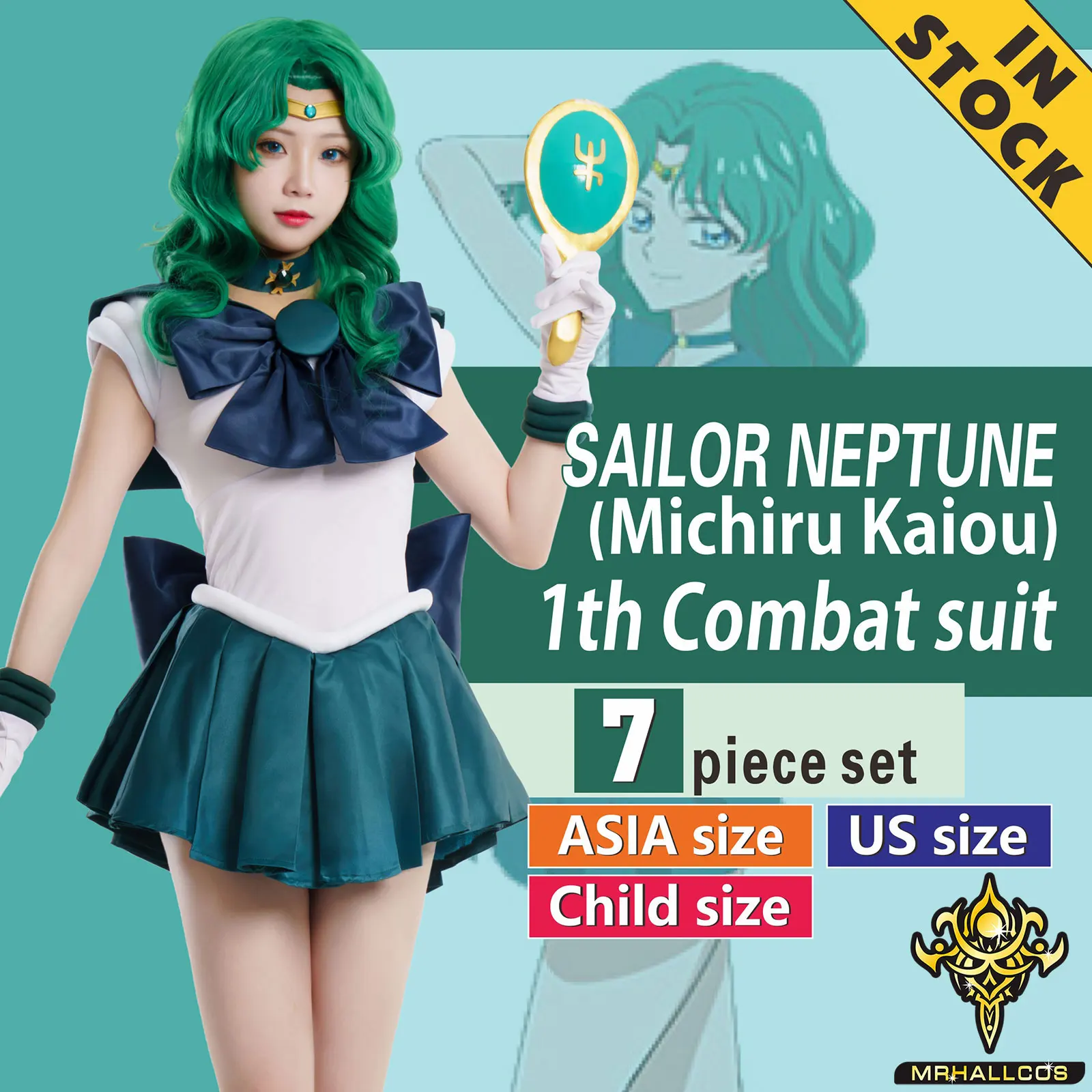 Mrhallcos Anime Cosplay Sailor Neptune Michiru Kaiou Moon Crystal Dress Outfit Costume Halloween Party Kid Adult Women Plussize