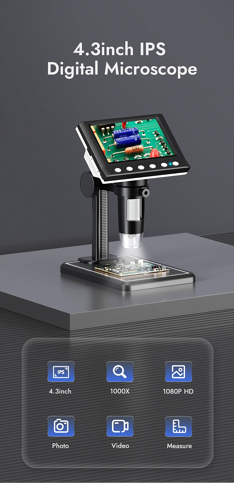 4.3inch LCD Digital Microscope 1000X USB Microscope Soldering Microscope with 8