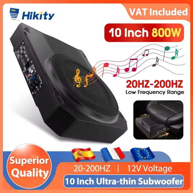 Hikity 800W 10" Ultra-Thin Subwoofer 12V Under-Seat Car Audio Active Subwoofer With Audio Cable Audio Processor Music Player 1