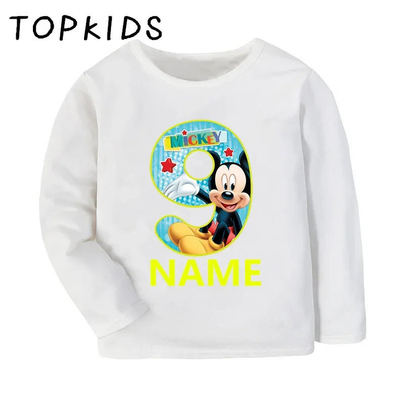 Mickey Mouse Print Boys T shirt 1 2 3 4 5 6 7 8 9 Years Birthday Number Bow Custom Name Kids Long Sleeve T-shirts Girls Clothes 5