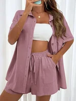 Ensemble haut à simple boutonnage et short à jambes larges pour femmes, manches longues, mode dames, costumes solides Sexy, tenues d'été 2 pièces pour femmes, 2024 5