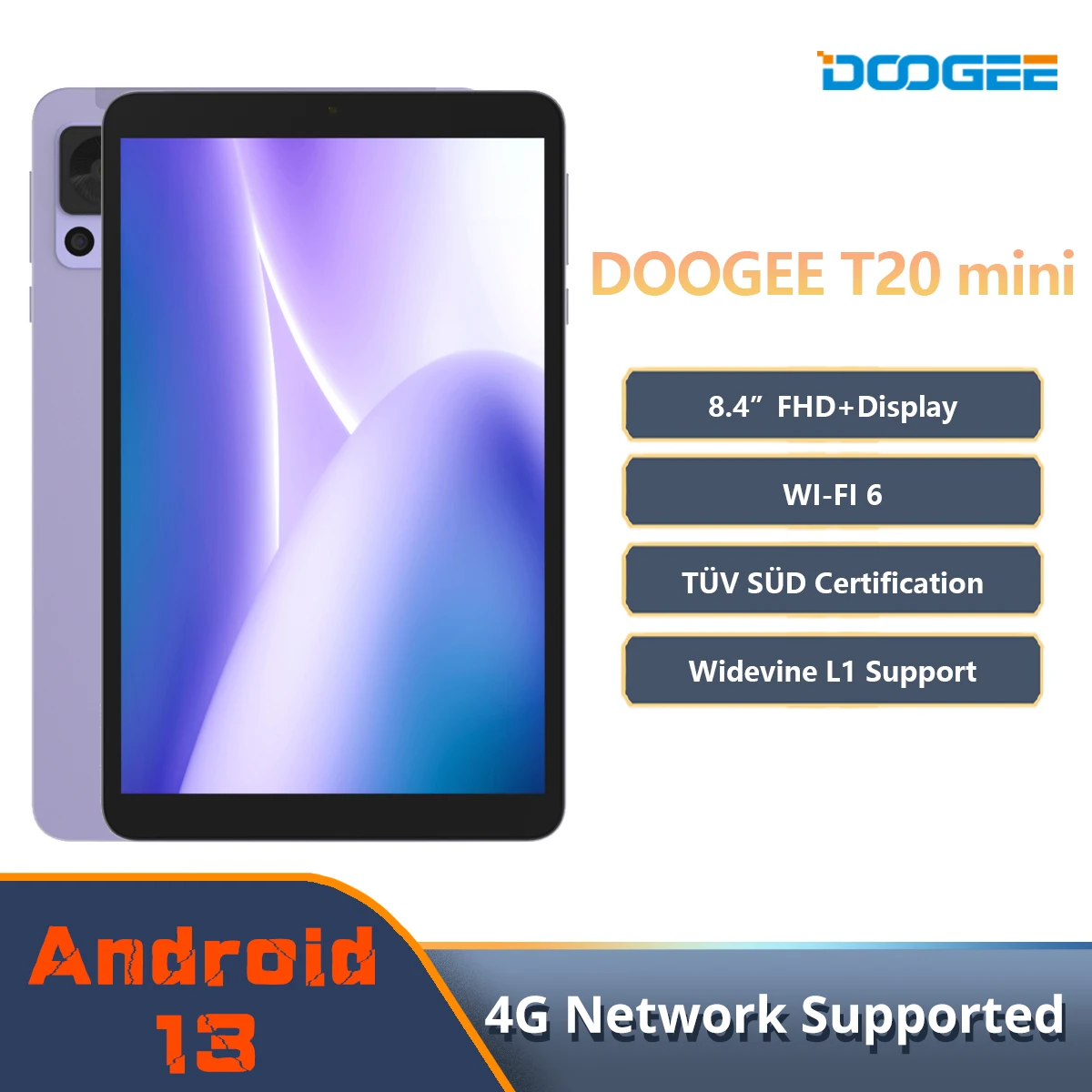 DOOGEE T20 미니 태블릿, 4GB + 128GB, 7.4mm 미니 바디, 8.4 인치 FHD TUV SUV 인증 디스플레이, 13MP 후면 카메라, 와이드바인 L1, 5060mAh