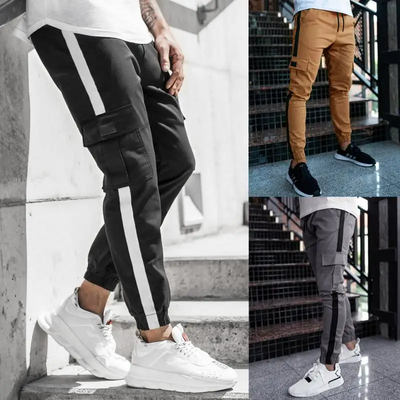 

Sweatpants for Men Hip Hop Streetwear Jogger Workout Drawstring Sports Pants Pure Color Striped Sportswear Spring Autumn Trouser
