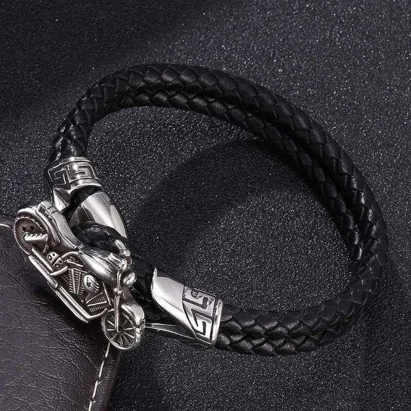 Leather Bracelet Bangle Punk Metal Motorcycle Handwoven Double Layer