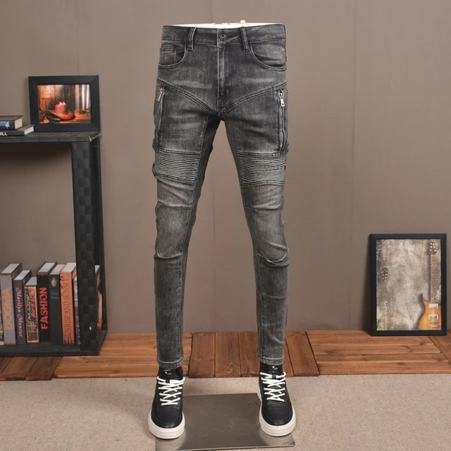 Sprog forening petroleum Street Fashion Men Jeans Retro Black Gray Spliced Designer Biker Jeans  Homme Hip Hop Pants Men Stretch Slim Wrinkled Trousers - AliExpress