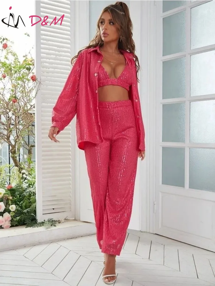 D & M-Women's Sequined Drop Shoulder Shirt Suits, Women's Blouse, Ready-to-wear Dresses, Black, Pink, Fashion, Brand, 2023