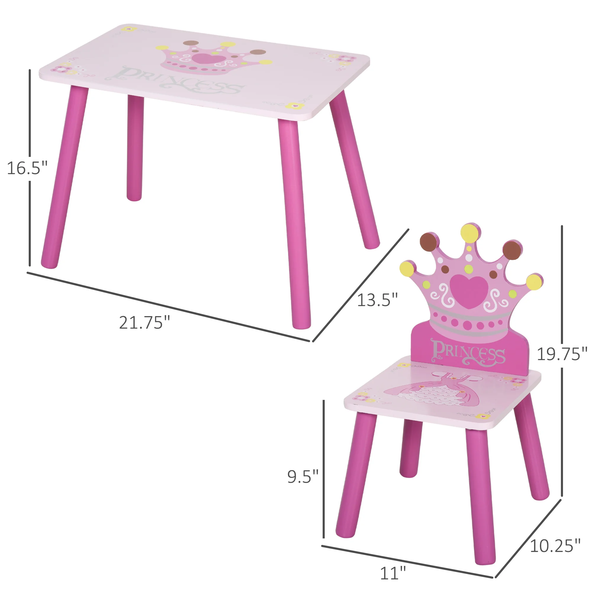 Triple Piece Collection Children's Wood Table Seat with Crown Pattern 3