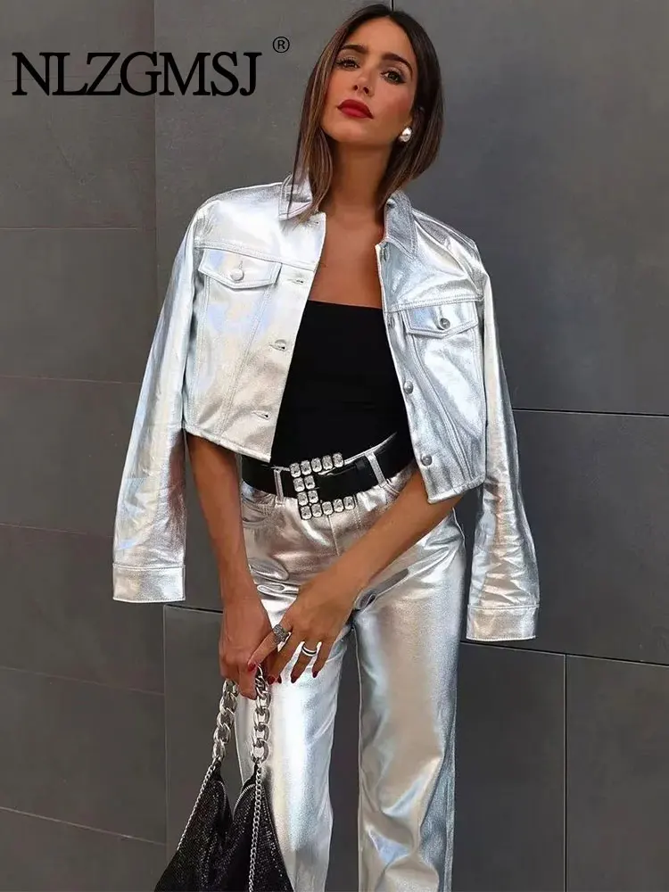 

Осенняя Новинка 2023, Женская Серебристая куртка Nlzgmsj TRAF из искусственной кожи, пальто на пуговицах, женское короткое пальто + однотонные прямые брюки
