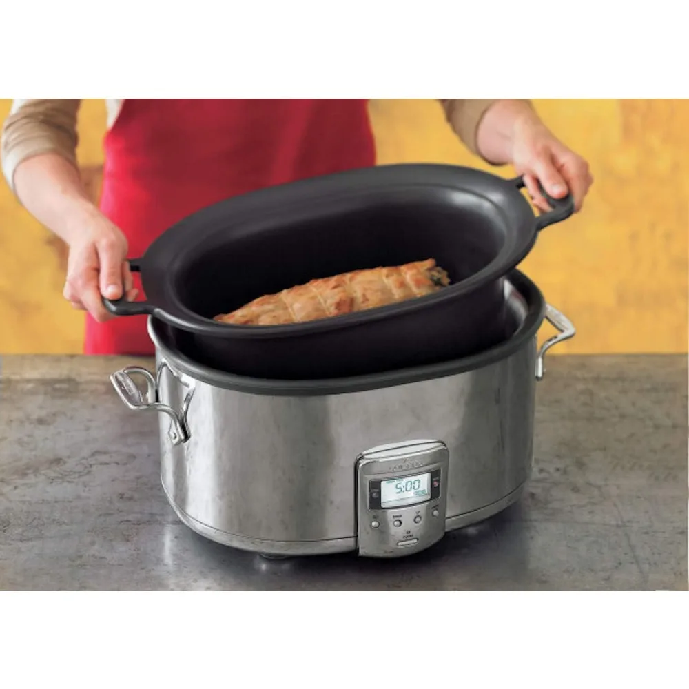 Stainless Steel Electric Slow Cooker 7 Quart, Aluminum Insert, Programmable LCD Screen Digital Timer, Silver