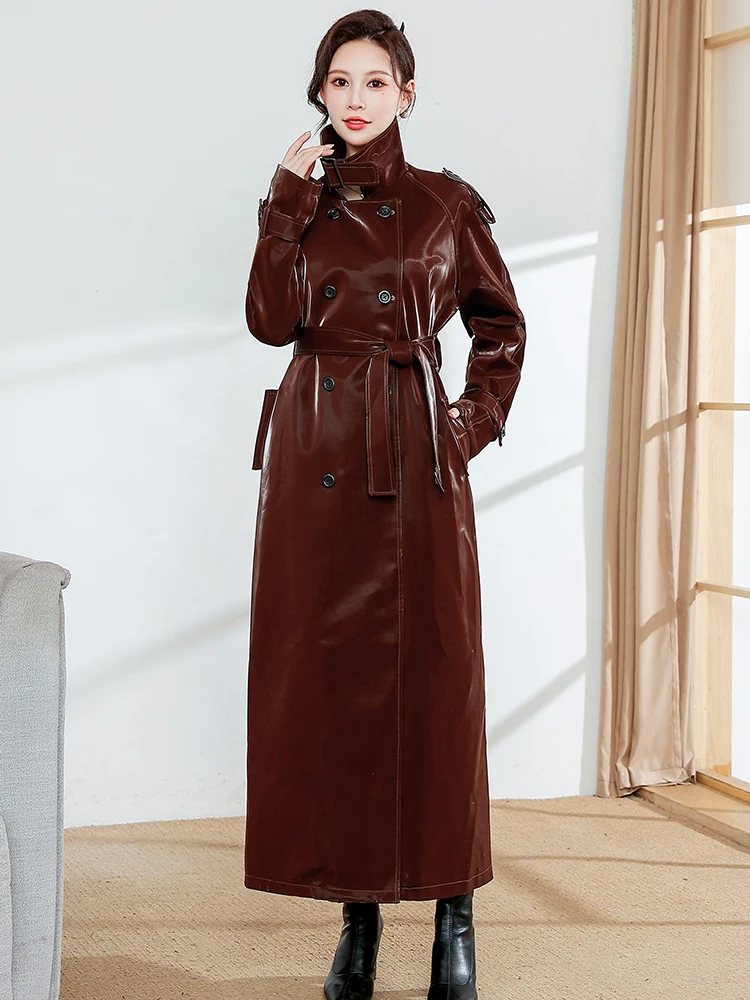 Nerazzurri Autumn Extra Long Black Reflective Shiny Patent Faux Leather  Trench Coat for Women Belt Cool European Fashion 2023 - AliExpress