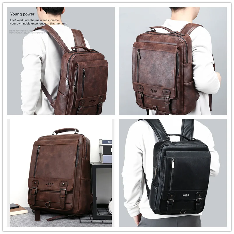 JEEP BULUO Fashion Leather Men Backpack Business Male 15.6