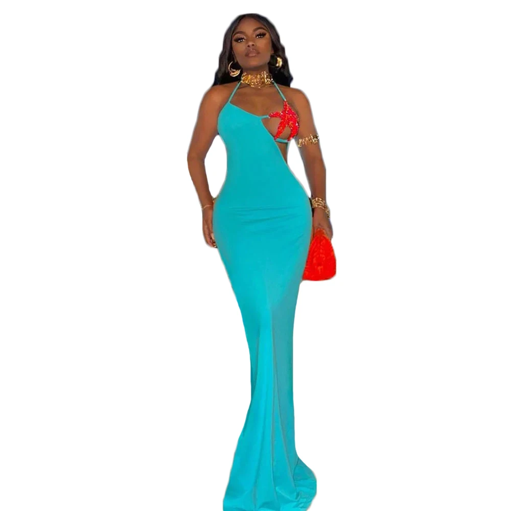 

2023 New Halter Floor Length Beading Fashion Dress Women Sexy Backless Clothing Club Party Celebrity Long Maxi Dresses