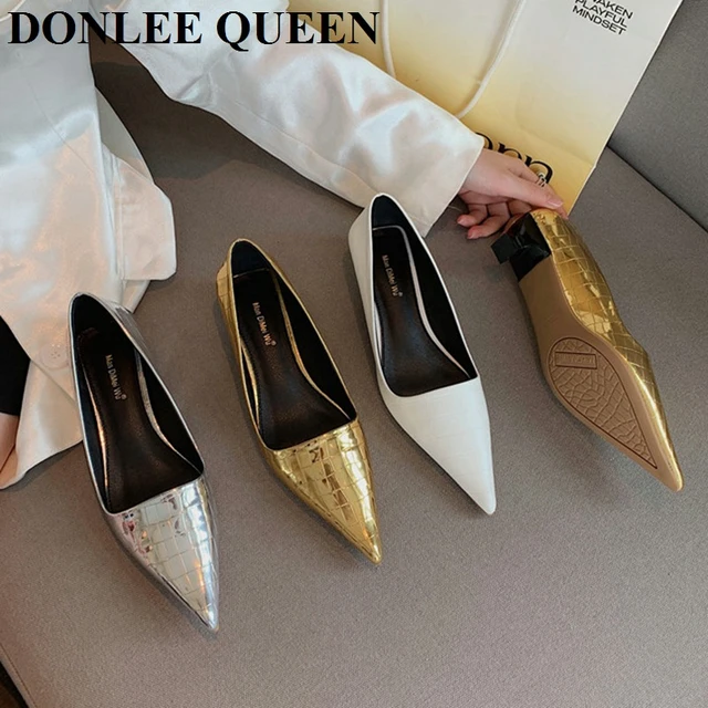 Low-heeled Single Shoes 2024 New Pointed Toe Chunky Heel High Heels Gold  Silver Shiny Sequin Bridesmaid Wedding Shoes Lady Pumps