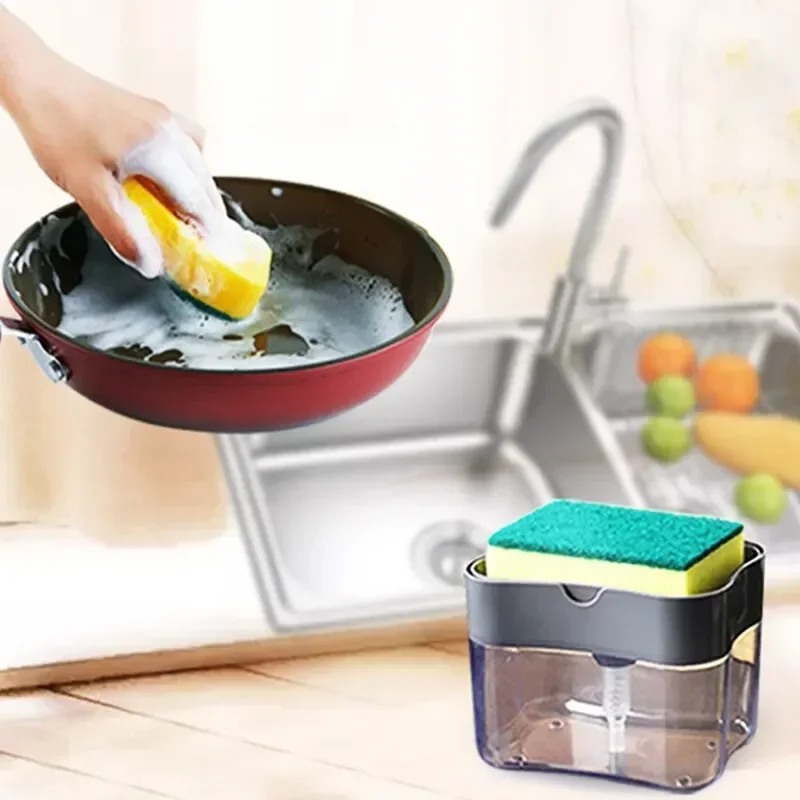 Soap Dispenser Pump with Sponge Manual Press Cleaning Liquid Container Organizer Kitchen Tool