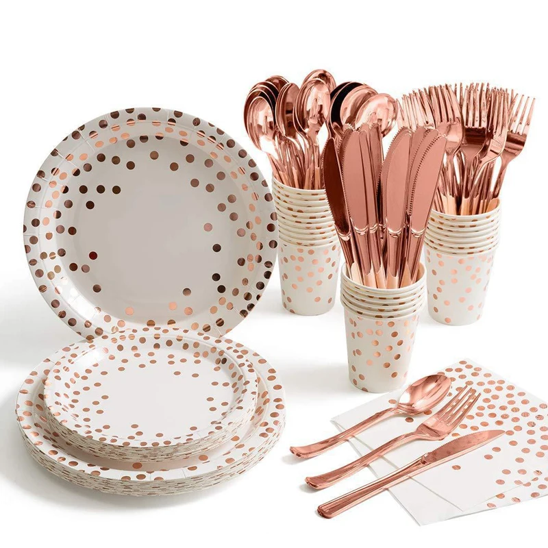 24pcs Rose Gold Dot Disposable Cutlery Set Knife Fork Spoon Paper Cup Paper Plate Towel Birthday Party Party Decoration