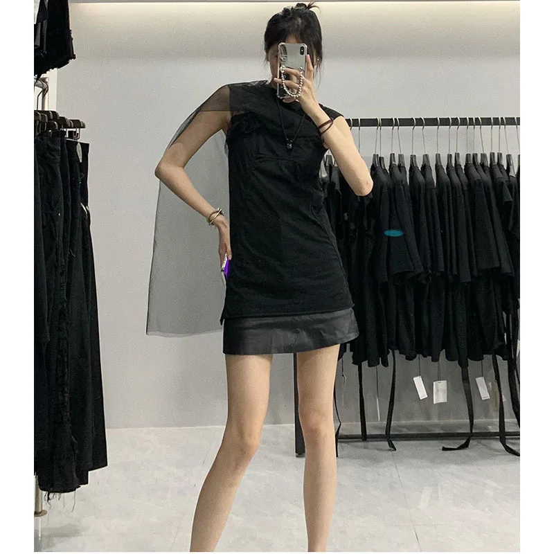 

23ss Rick Graphic T Shirts Women Y2k Style Summer Fashion New Ro Owens Black Patchwork Mesh Women Clothing 1:1 High Quality
