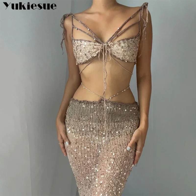 

Summer 2023 Beach Party Outfit Sexy Mini Skirts Two Piece Sets Women Sequins Knitted Hollow Out Long Sleeve Crop Top Skirt Suits