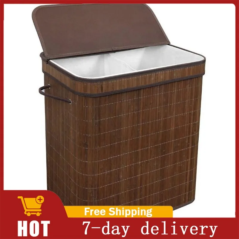 

GreenCo Bamboo Foldable Double Laundry Hamper, Espresso Organizer