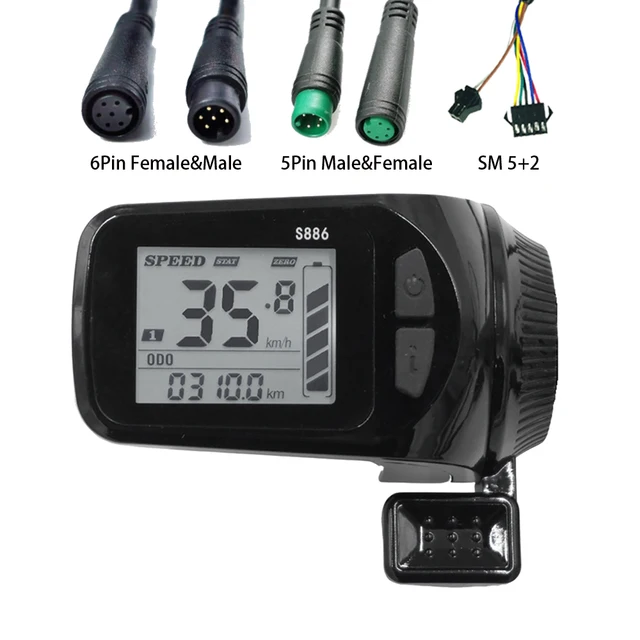 Panel de pantalla LCD para bicicleta eléctrica, acelerador de pulgar S886, 5 pines, 6 pines, enchufe macho SM, 24V, 36V, 48V, 52V, 60V