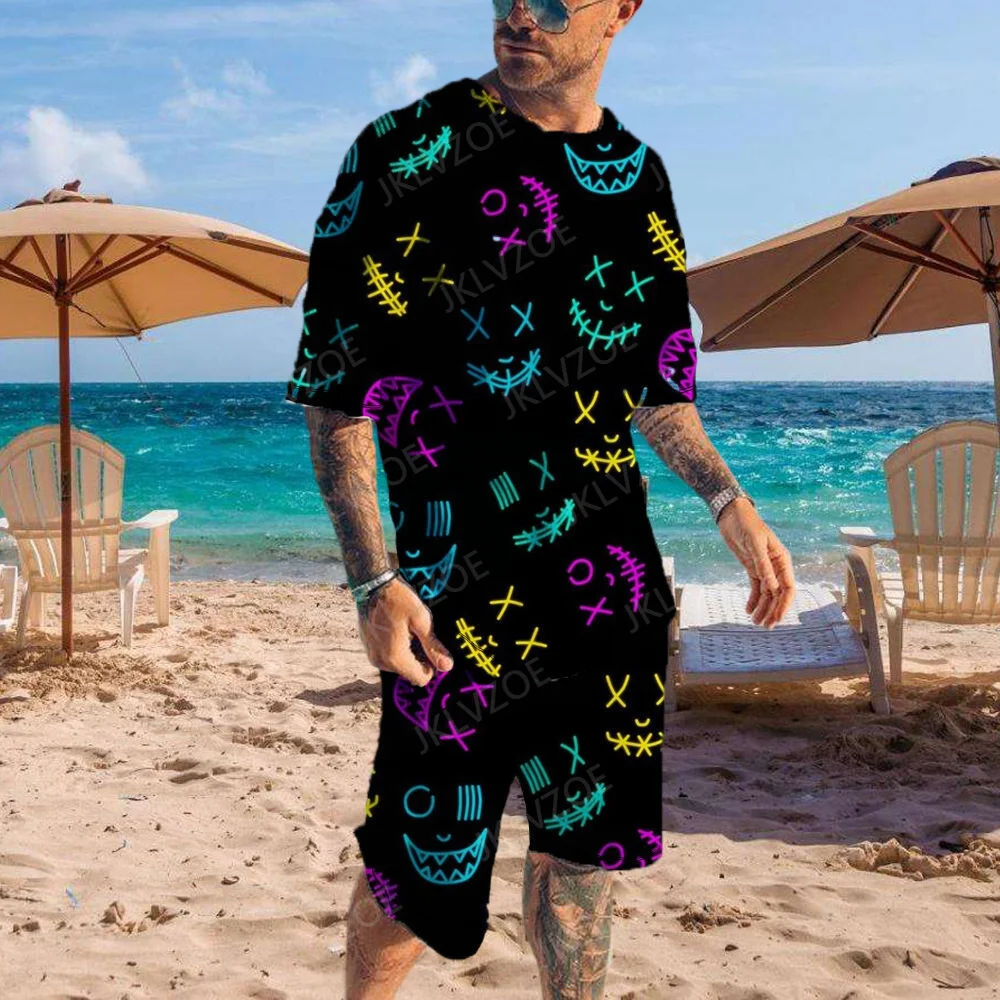 2024Summer Men's Tshirt Suit 2-Piece 3D Printing Smiling Face Men's Beach Suit Street Style Casual Suit Jogging Suit Sports Suit