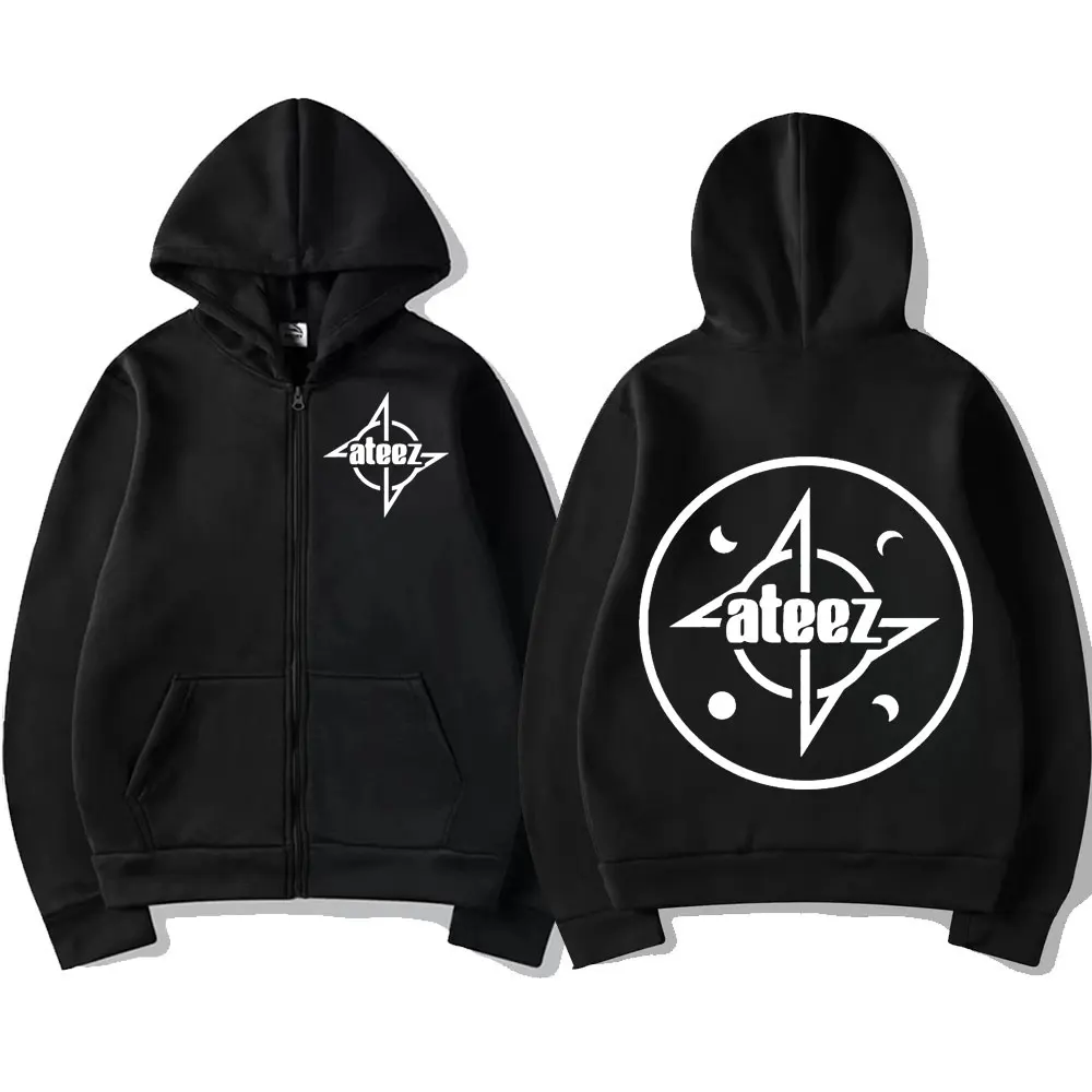 Boy Band Ateez Double Sided Print Zipper Hoodies Men Women Fashion Vintage Zip Up Pullovers Street Trend Hip Hop Zip Sweatshirts