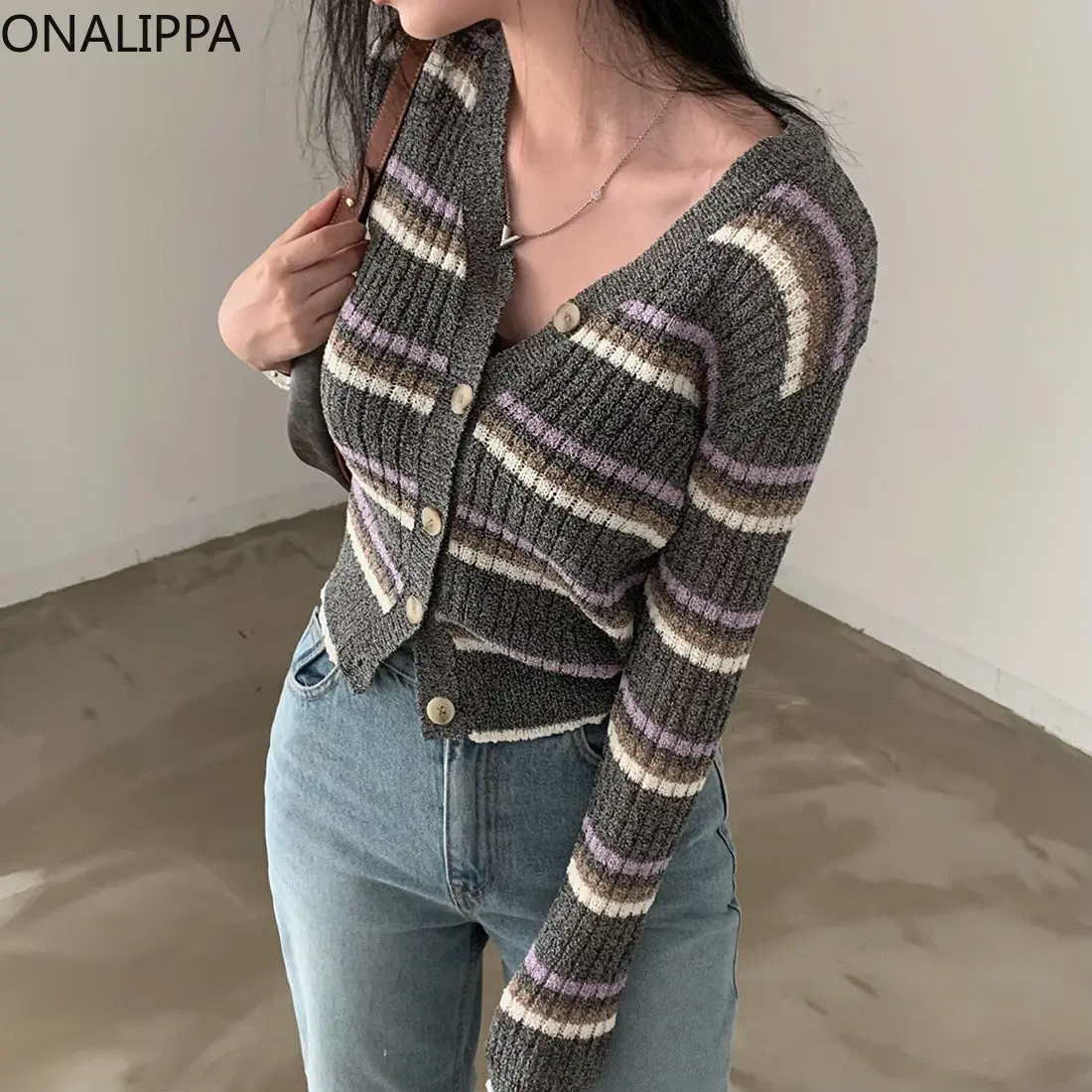 Onalippa 빈티지 스트라이프 니트 크롭 가디건, V넥 싱글 브레스트 긴팔 탑, 한국 패션 대비 가디건