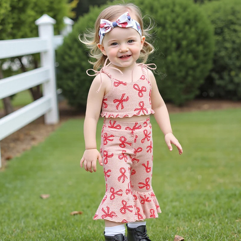 FOCUSNORM 0-5Y Schöne Kinder Mädchen Sommer Kleidung Sets Bowknot/Erdbeere Drucken Tie-Up Spaghetti Strap Tank Tops Flare Hosen – Detail 10