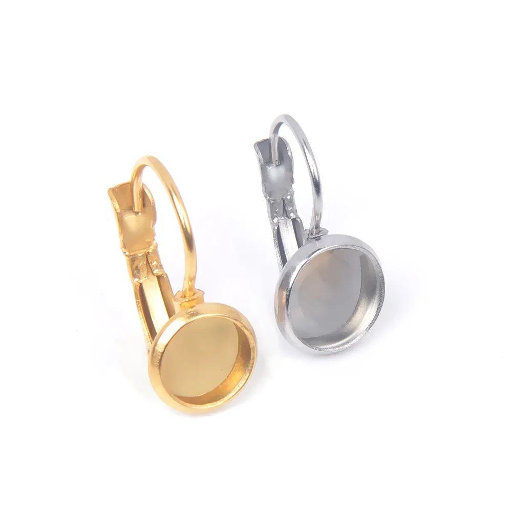 

SHOWSANG 10pcs Stainless Steel Gold Plated French Lever Cabochon Earring Setting Blank Base Cameo Tray DIY Ear Jewelry Findings