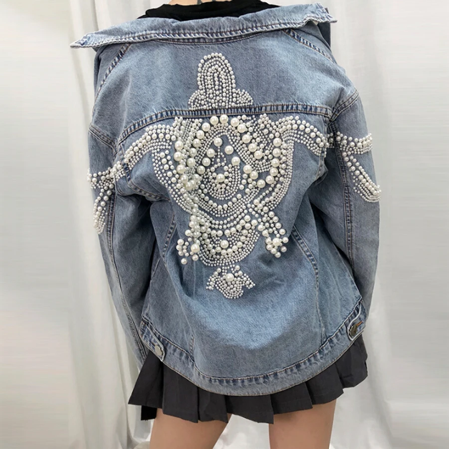 

TEELYNN Denim Women Jacket Vintage More Than 2,000 Pearl Studs Inlaid Loose Coat Long Sleeve Autumn Outerwear Female Boho Jacket