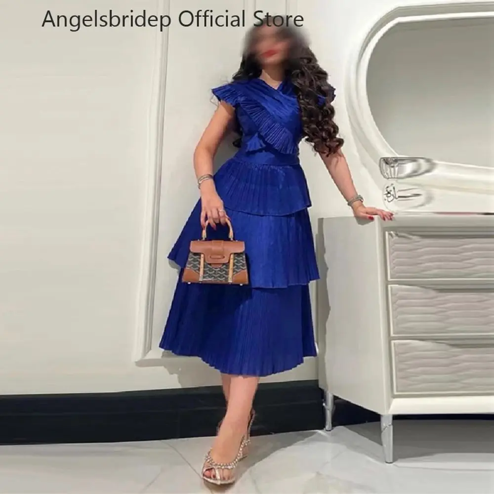 

Angelsbridep синее шифоновое Многоярусное вечернее платье Саудовская Аравия с V-образным вырезом длиной ниже колена Короткие вечерние платья для выпускного вечера женское платье 2023