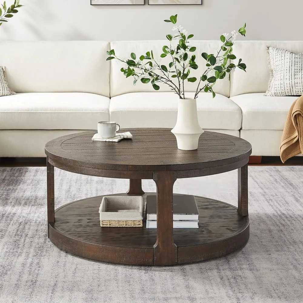 40" Round Coffee Table for Living Room, 2 Tier Traditional Round Circle Wooden Center Coffee Table, Café Tables 4