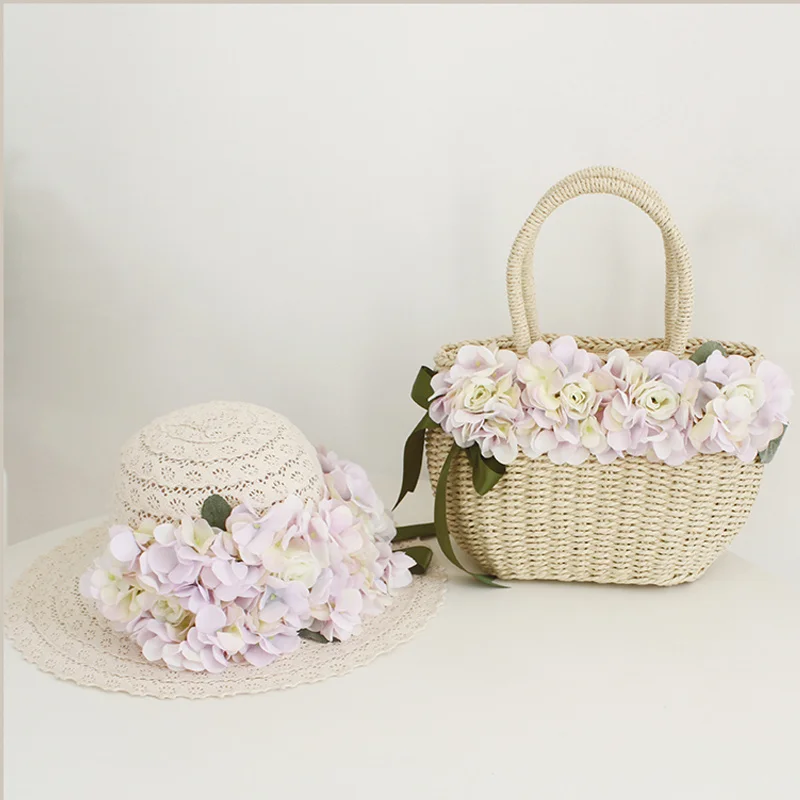 

Handmade Rattan Flower Bag Kids Woven Straw Bag Small Shoulder Bag Summer Vacation Beach Bag Women Drawstring Handbag with Hat