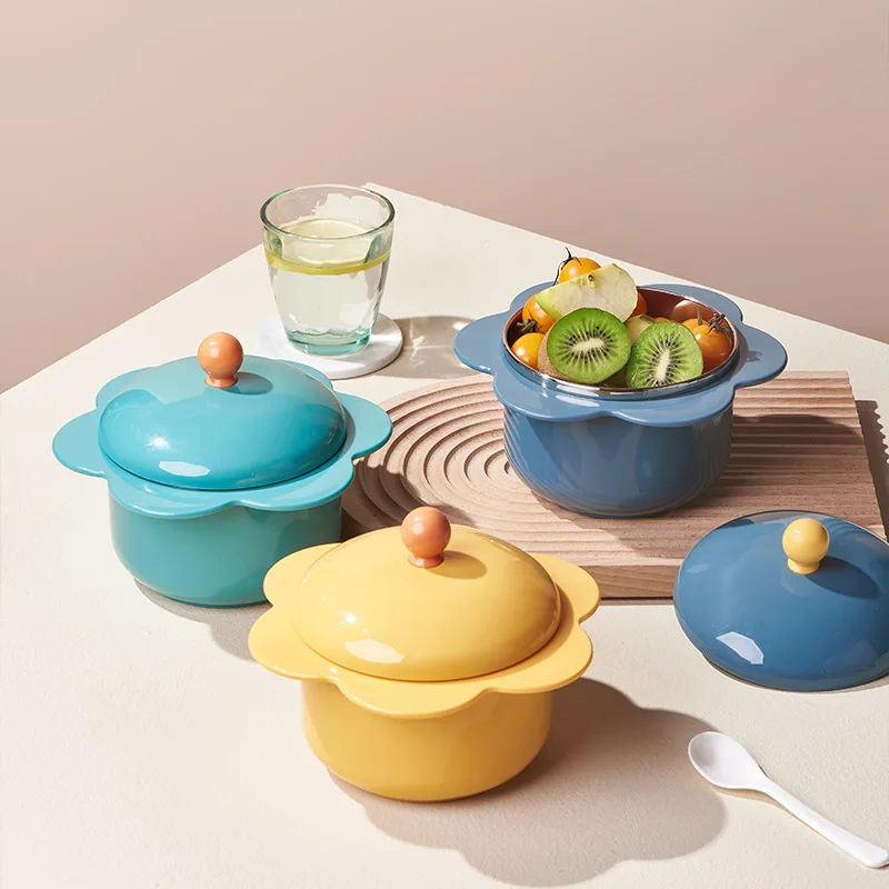 

Sunflower Type Fruit Salad Bowl 304 Stainless Steel Instant Noodle Rice Bowl with Cover Large Capacity Bowl Kitchen Tableware