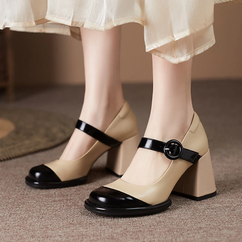 

NEW Spring Women's Pumps Split Leather Shoes for Women Round Toe Chunky Heel Shoes Super High Heel Mary Janes Mixed Colors Shoes