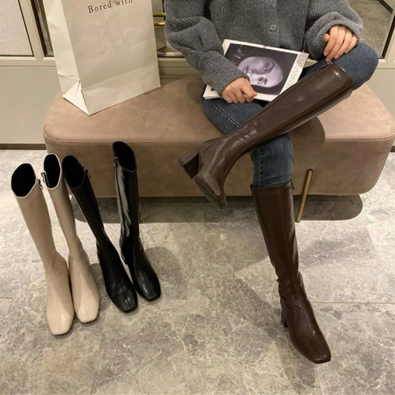 

New Slim Woman Knight Knee-high Boots Square 6CM Heel Ladies Zippers Fashion Soft Leather Winter Long Boots Shoes for Women