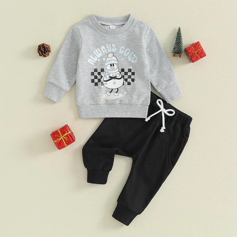 

2023-08-17 Lioraitiin 0-3Y Toddler Boys Clothes Set Christmas Letter Snowman Long Sleeve Sweatshirts and Solid Long Pants Outfit