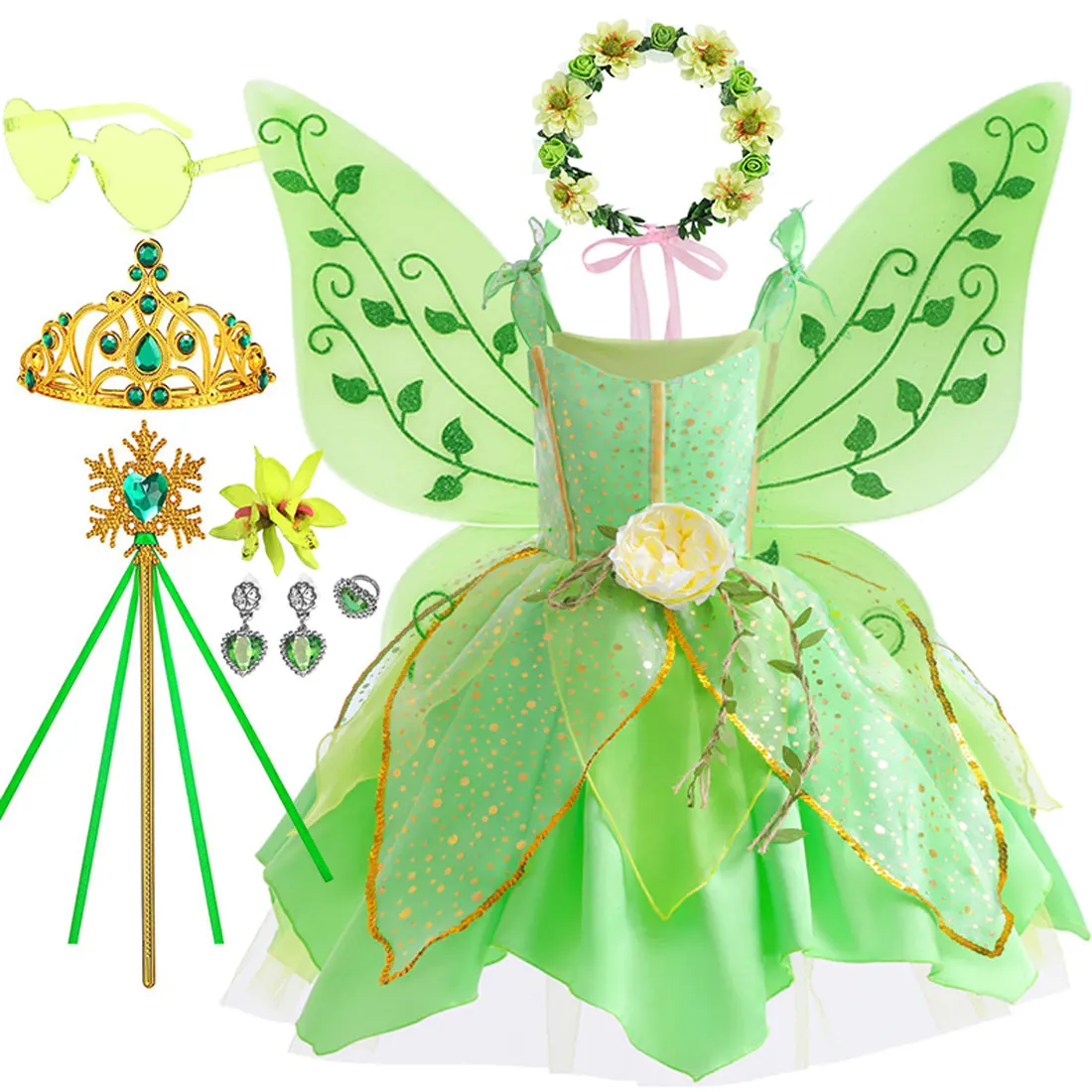2026 Disney Elfen-Film Tinkerbell Mädchen Feenkleid Grüner Trägerrock mit Flügeln und Blume Weihnachtsgeschenk für Mädchen